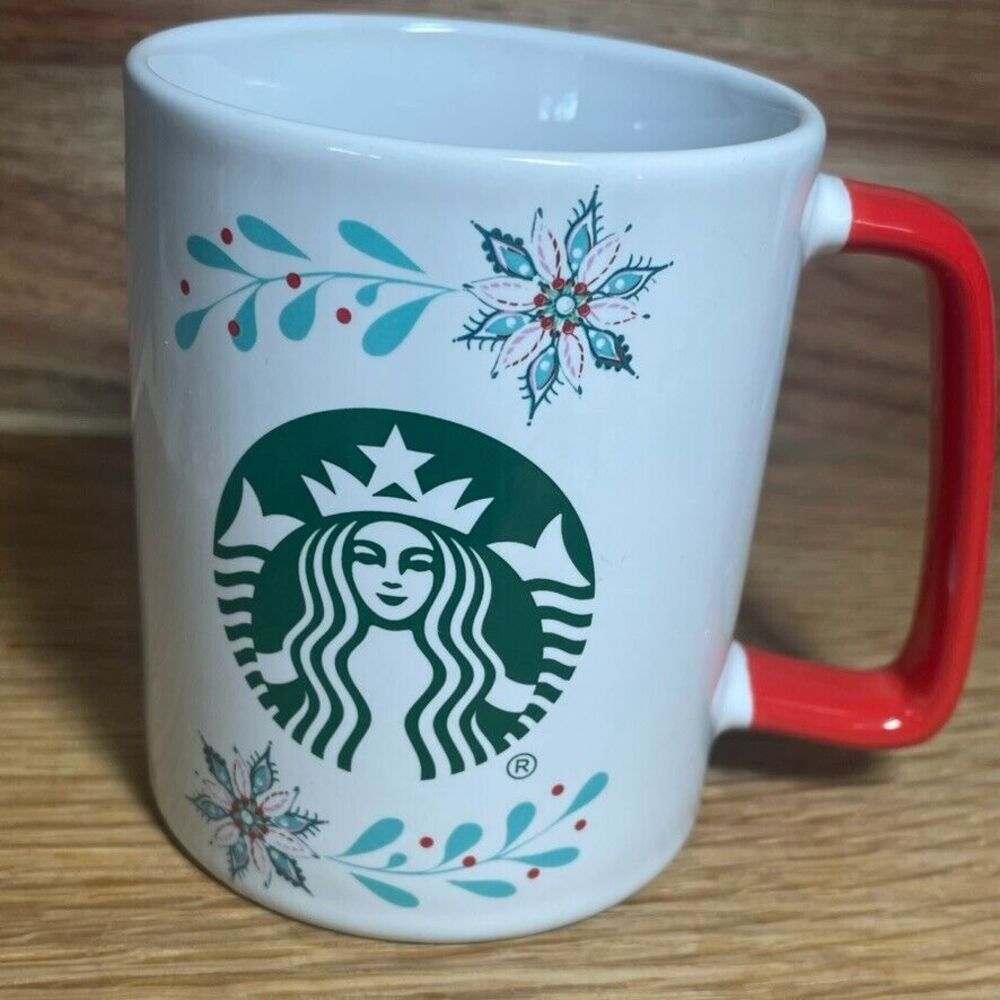 2 Starbucks 2020 Poinsettia Mistletoe Logo Holiday Red Handle Christmas Mug Pair - Picture 6 of 13